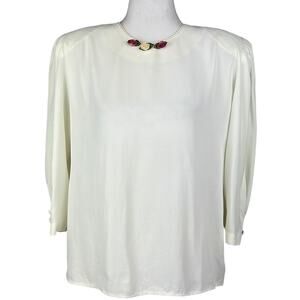 Vintage 80s Blouse Satin Flower Neckline Shoulder Pads Size 10P Cottagecore Boho
